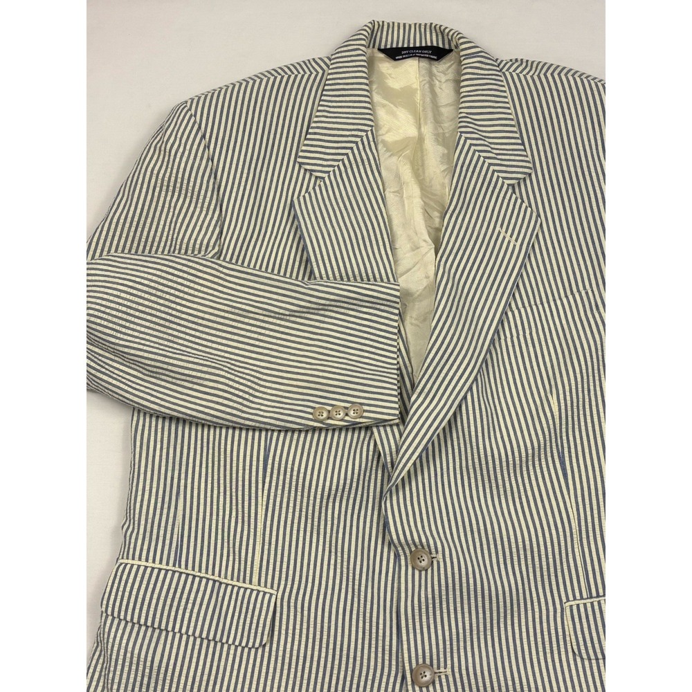VTG 80s/90s Racquet Club Cotton Blend Sear Sucker Blazer 44R Blue/Cream USA Made